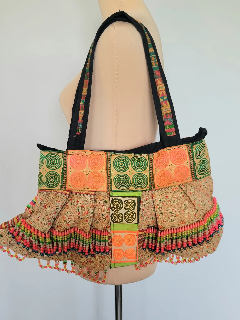 Vintage Handmade Boho Bohemian Hippie Y2K Patchwork Tote Bag Festival Beaded